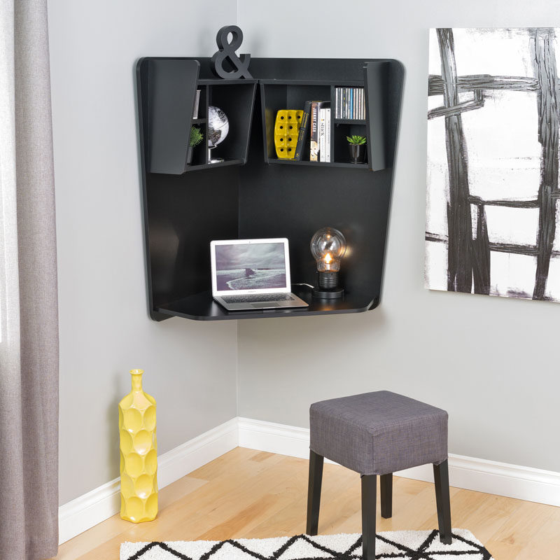 16 Wall Desk Ideas That Are Great For Small Spaces // A corner wall desk is a great way to include a desk in your small space because it fills up a corner that would probably be wasted without it.