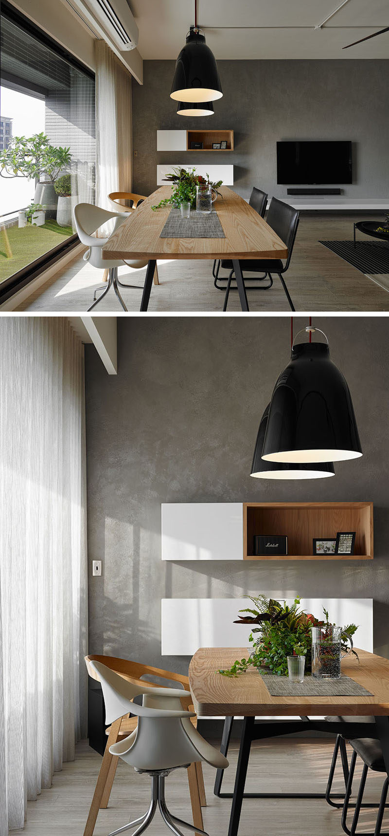 This dining room has been positioned next to the window and small balcony, taking advantage of the light.