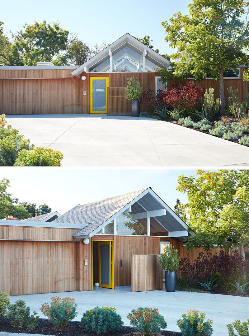 The new, natural wood exterior siding runs through the house, updating one of the classic design features of the Eichler homes.