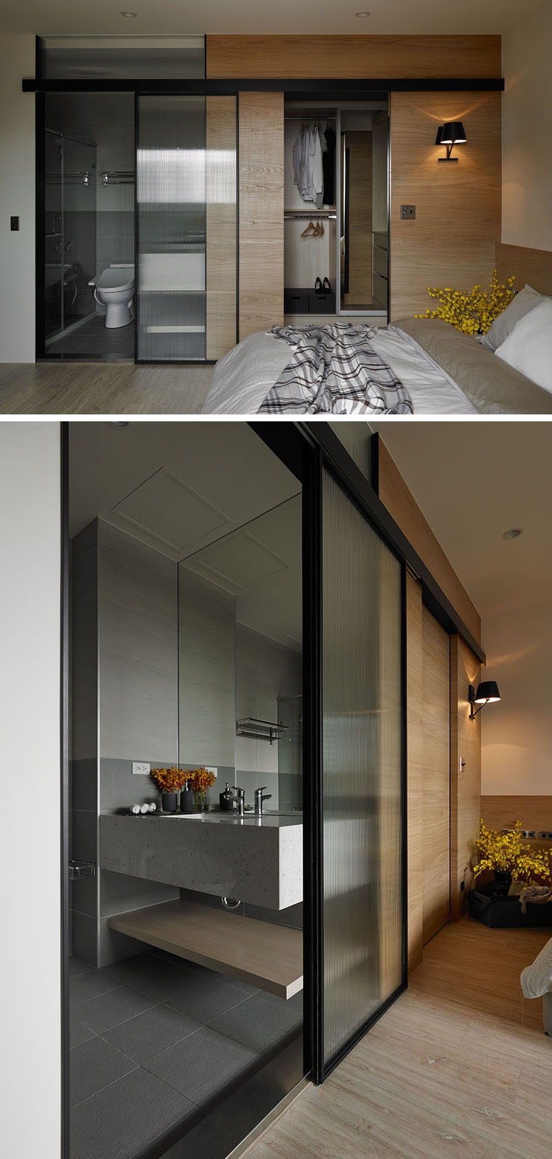 This ensuite-bathroom has a glass door to let natural light through to the bathroom.