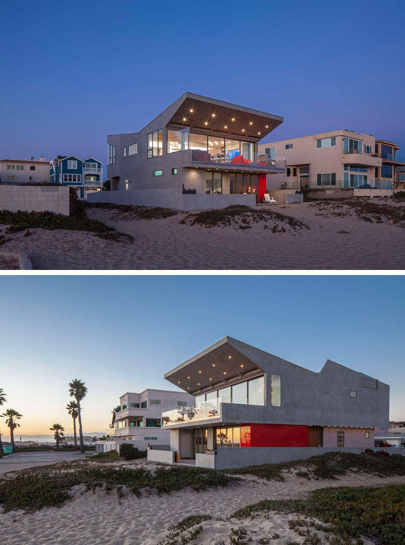 14 Examples Of Modern Beach Houses // Surrounded by sand and overlooking the ocean, this California beach house has clean angles and colorful details that give it a fun, modern vibe, perfect for the young family living in it.