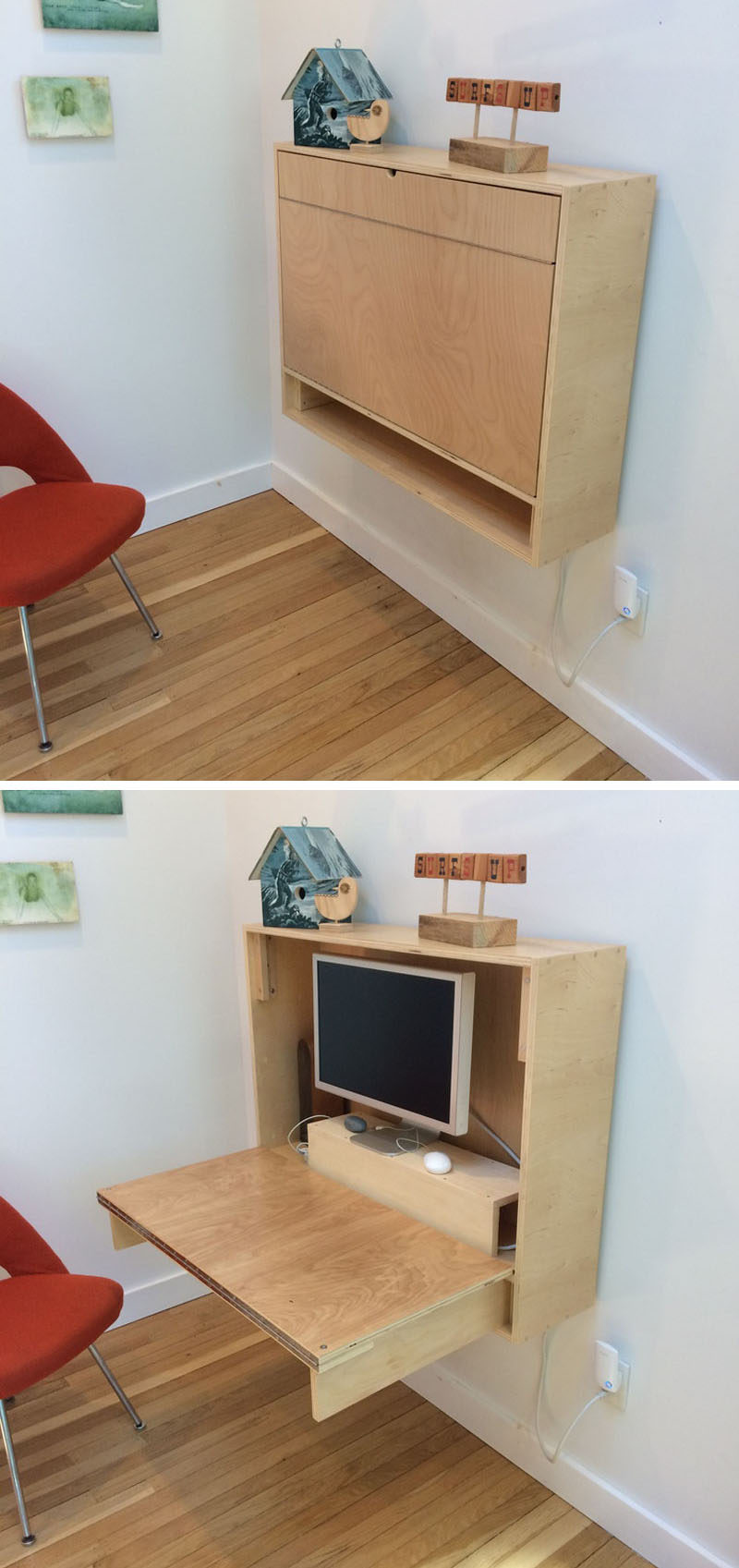 16 Wall Desk Ideas That Are Great For Small Spaces // If you're feeling ambitious you can also make your own custom fold up wall desk like this one to make sure it fits all of your needs.