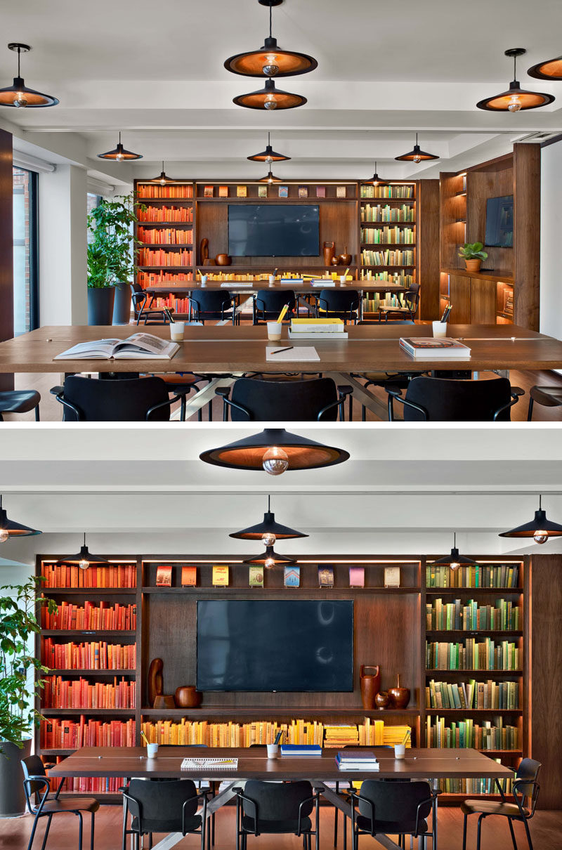 This business meeting room at the Arlo Hudson Square hotel, has built-in cabinetry and can be used as one large room for co-working, or it can be split into three private meeting spaces.