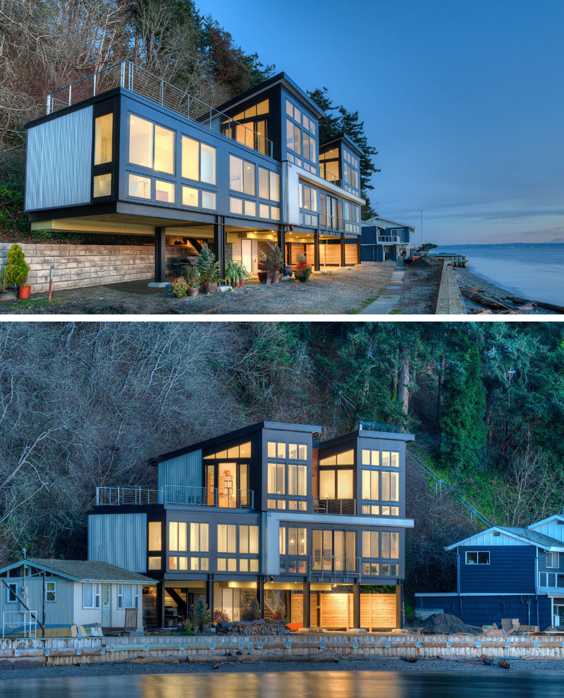 14 Examples Of Modern Beach Houses // This family beach house in Washington State sits on steel columns to allow for the possibility of mudslides or a rising tide.