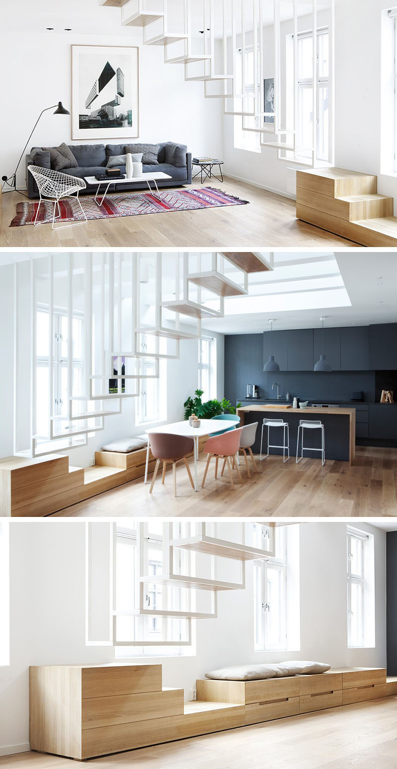 13 Stair Design Ideas For Small Spaces // These floating stairs maintain the flow of the apartment and keep it feeling open by letting light pass through the openings in the staircase.