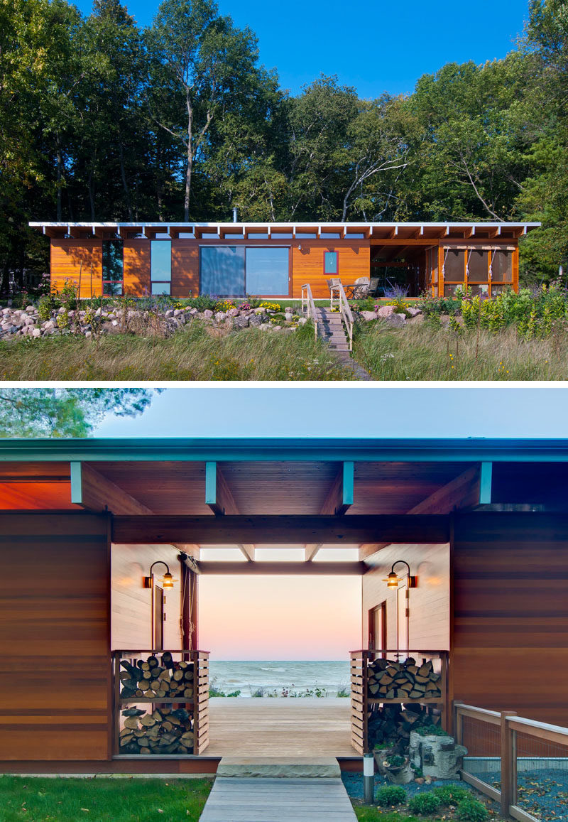 14 Examples Of Modern Beach Houses // As guests approach the entrance to this lakeside beach cottage they’re greeted by a perfectly framed view of the lake out back.