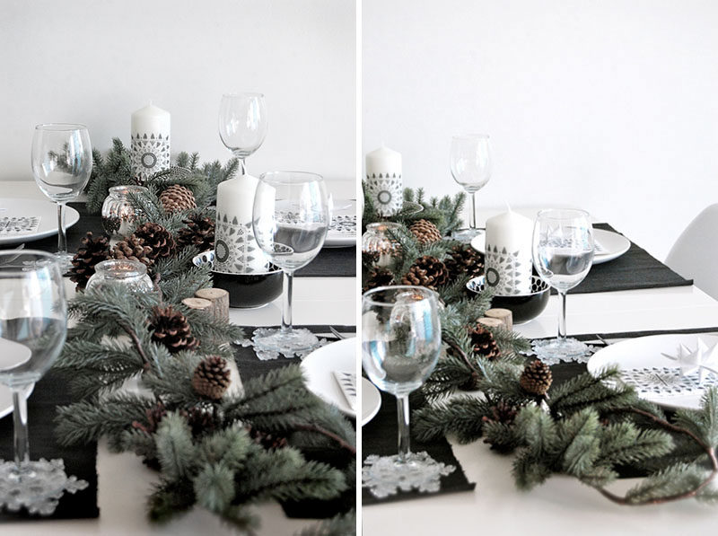 15 Inspirational Ideas For Creating A Modern Christmas Table Full Of Natural Elements // Collect a few pieces of greenery, berries, twigs, and pine cones, and arrange them down the middle of your table, adding in a few candles here and there, to make an inexpensive and seasonal centerpiece.