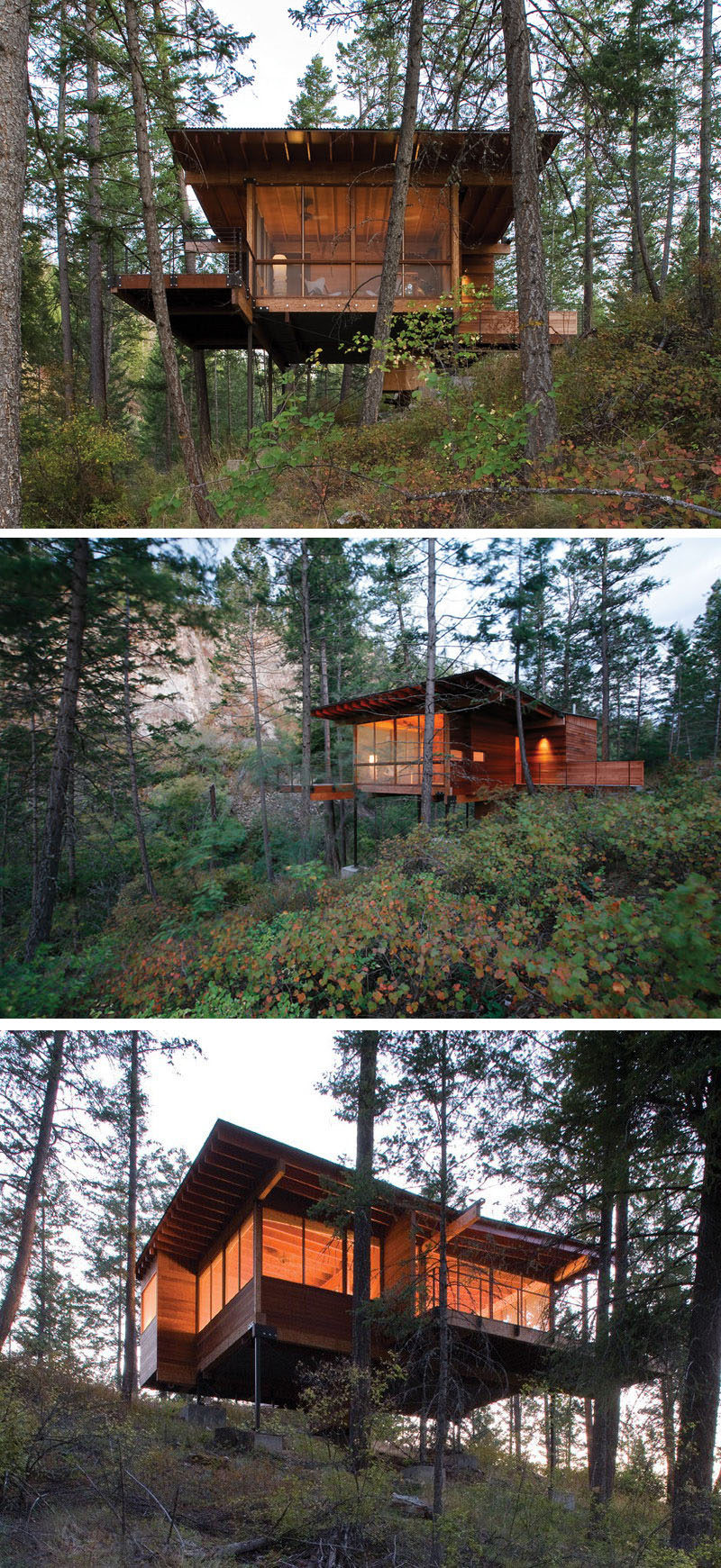 18 Modern House In The Forest // This forest house is lifted right up into the trees to provide better views of the surrounding vegetation.