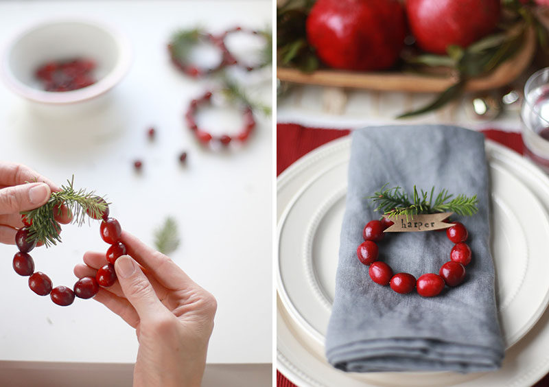 15 Inspirational Ideas For Creating A Modern Christmas Table Full Of Natural Elements // Mini wreaths made from cranberries with a bit of greenery attached to the top and a small piece of paper with a name on it, makes for a festive name card and beautiful addition to to the table.