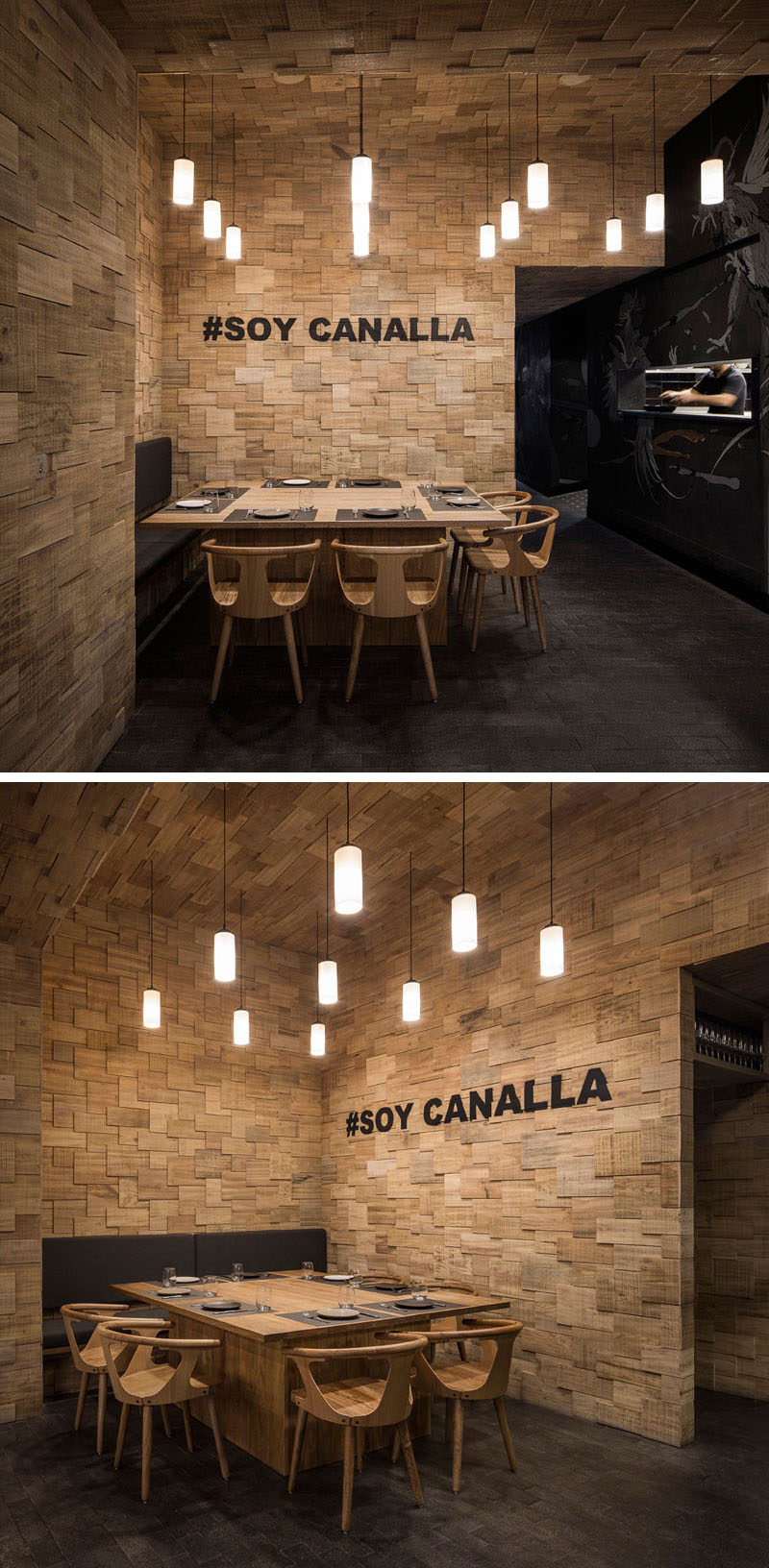 To contribute to this modern restaurant's informal concept, the walls are covered in wood shingles and the flooring has been created using small tiles in natural stone, similar to a cobblestone street.