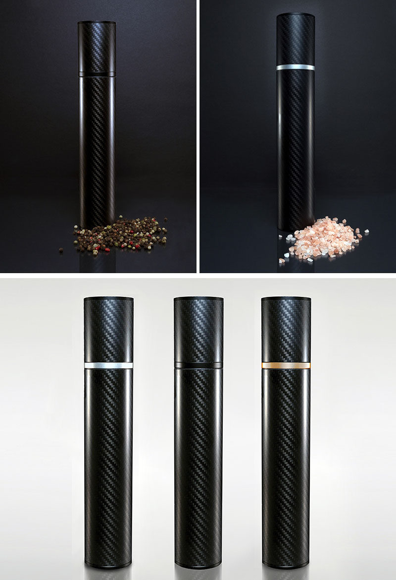 Essential Kitchen Tools - Salt and Pepper Mills // A carbon fiber body creates a minimal design while heavy duty ceramic and aluminum component create a long lasting and efficient mill.