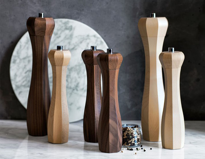 Essential Kitchen Tools - Salt and Pepper Mills // These wooden mills put a modern twist on the traditional pepper grinders by losing the circular shape and instead going for an octagonal design.