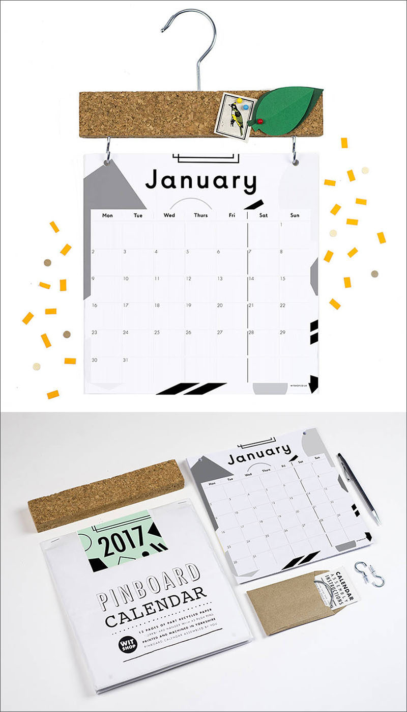 13 Modern Wall Calendars To Get You Organized For 2017 // This graphic calendar comes with a pinboard attachment to create a spot for holding notes and little reminders and make it easy to hang on your wall.