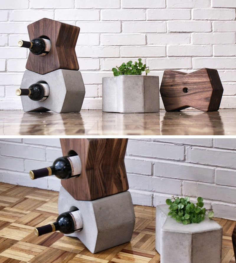 13 Wine Bottle Storage Ideas For Your Stylish Home // These wood and concrete wine bottle holders can be used alone or stacked on top of each other to create a modular wine storage system.