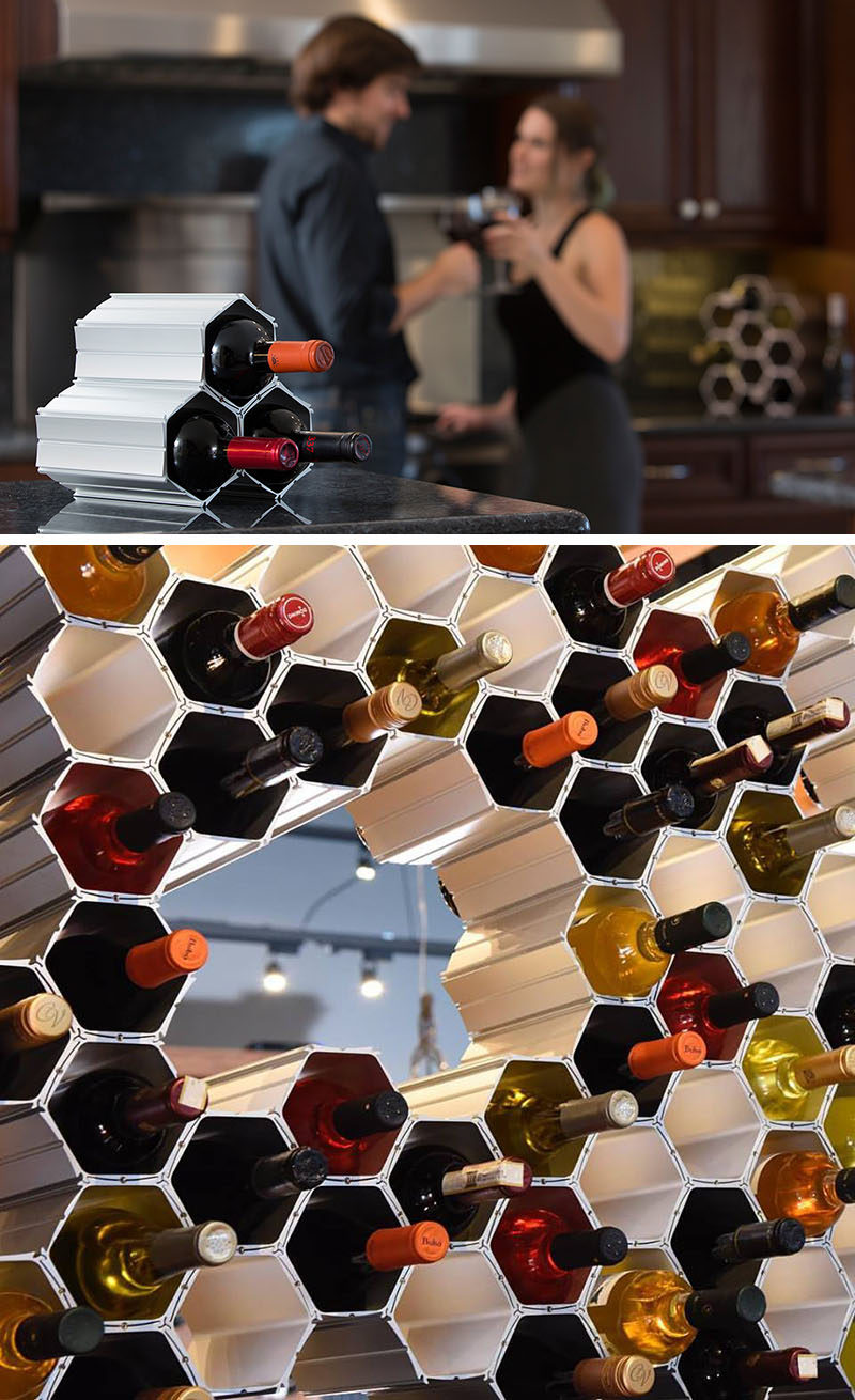 13 Wine Bottle Storage Ideas For Your Stylish Home // Hexagonal interlocking give this wine storage system a look similar to that of a honeycomb found in bee hives, giving rise to the name WineHive.