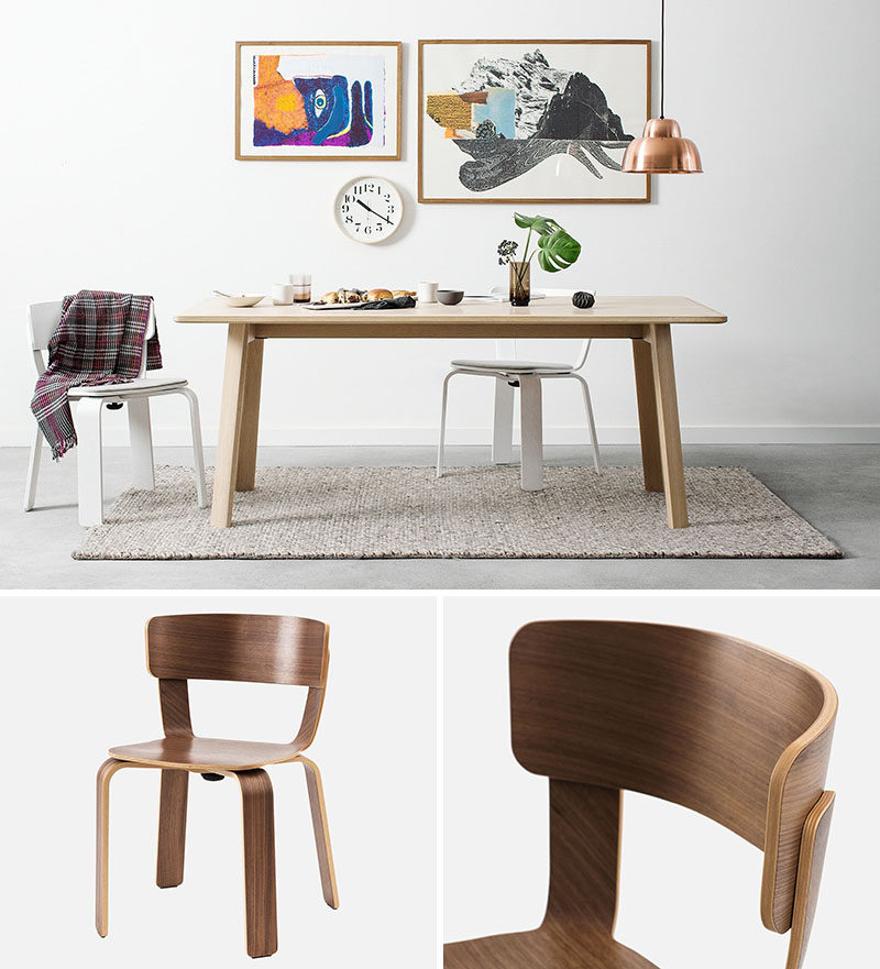 Furniture Ideas - 14 Modern Wood Chairs For Your Dining Room // This simple yet sophisticated wooden dining chair has a single bolt that joins the legs to the seat, then the backrest slides simply, allowing it to easily dismantled when needed.