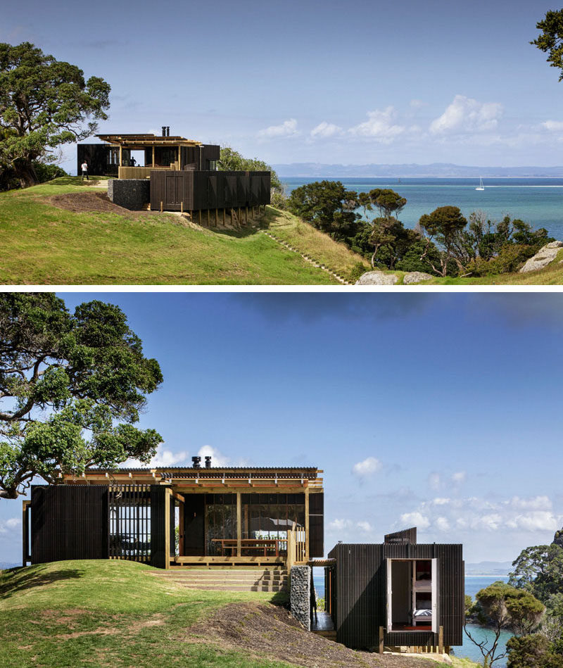 14 Examples Of Modern Beach Houses // Sitting on the top of a grassy hill, this holiday house offers incredible views of the Whangarei Heads on the North Island of New Zealand.