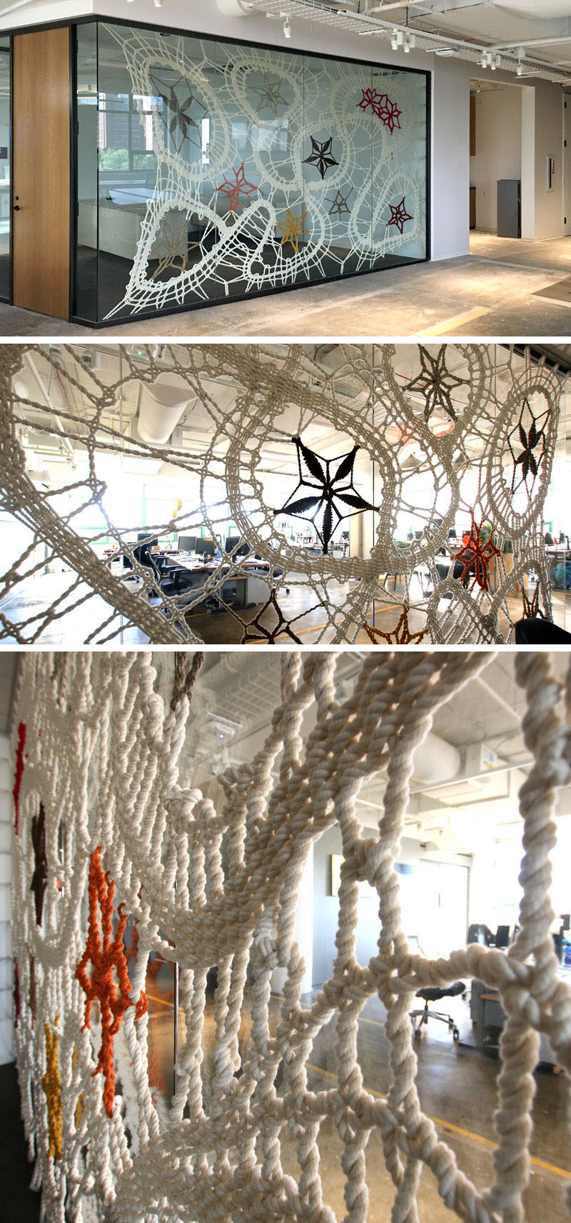 Artist Manca Ahlin of Mantzalin, was commissioned by Etsy to create a collection of handmade rope installations for their new head office in Dumbo, New York.