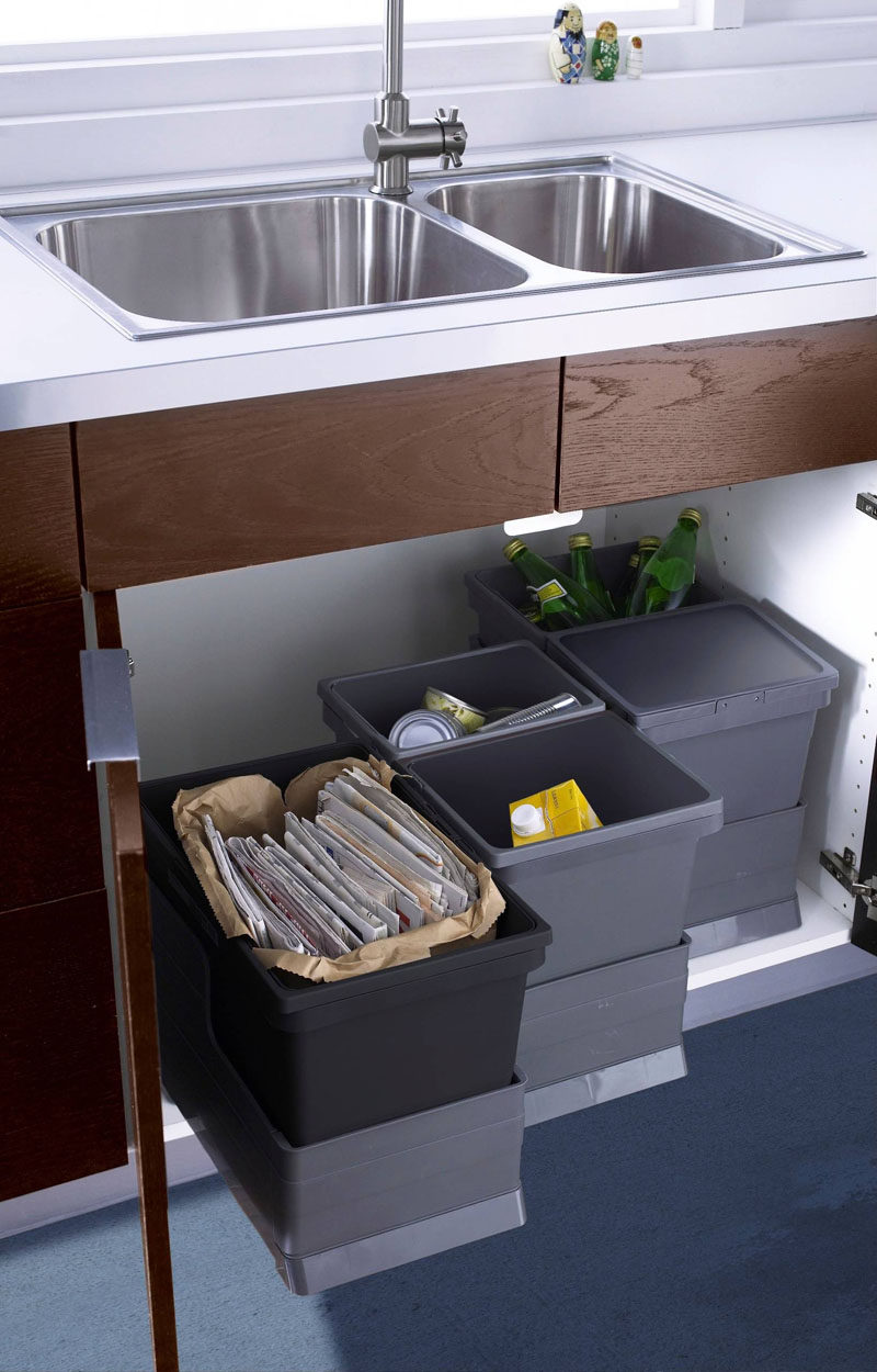 Kitchen Design Idea - Hide Pull Out Trash Bins In Your Cabinetry // These bins are all on individual sliders under the sink so you only pull the one you need when you need it.
