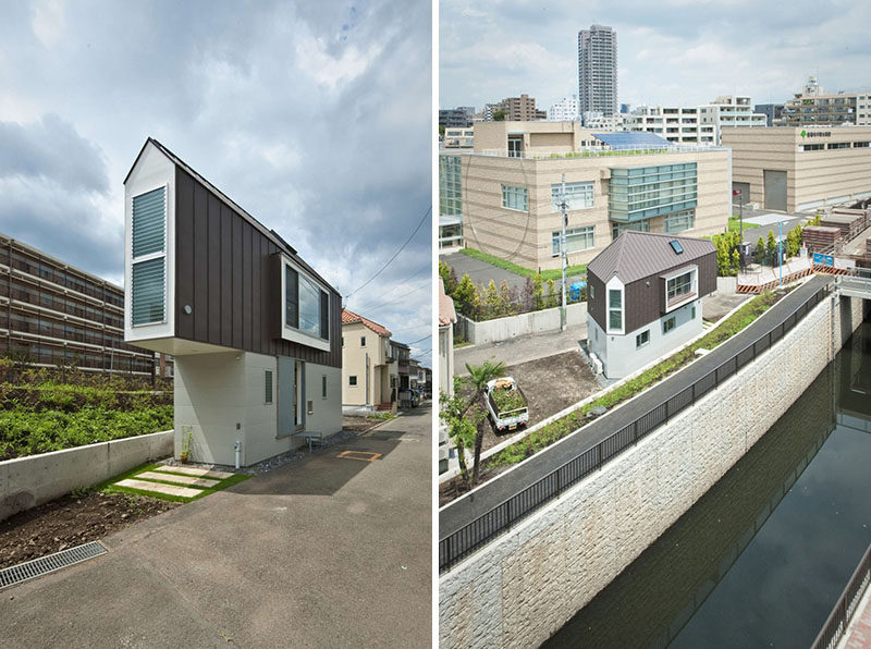 11 Small Modern House Designs // This small house sits on a tiny triangular lot next to a river.