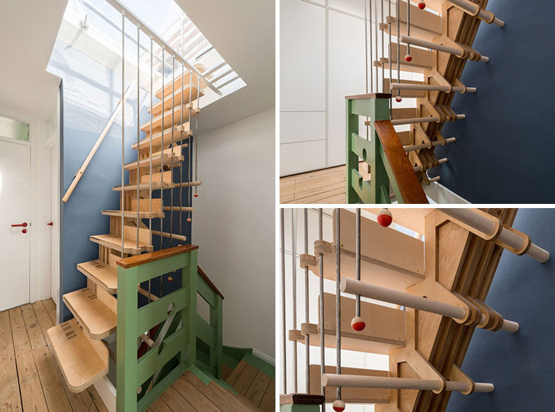 13 Stair Design Ideas For Small Spaces // These tall narrow stairs are made from over 100 pieces of birch plywood, birch dowels, and steel rods that interlock to create a visually intriguing staircase that takes on a different look from every angle.