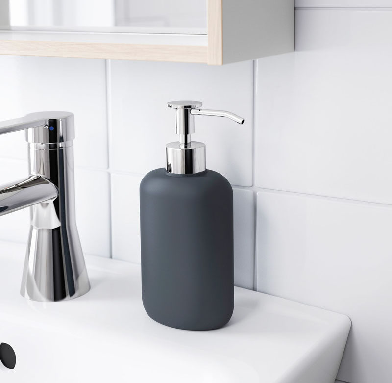 Bathroom Decor Ideas- Sophisticated Soap Dispensers // A simple matte black soap dispenser surrounded by a white bathroom makes a bold statement and creates a sophisticated contrast.