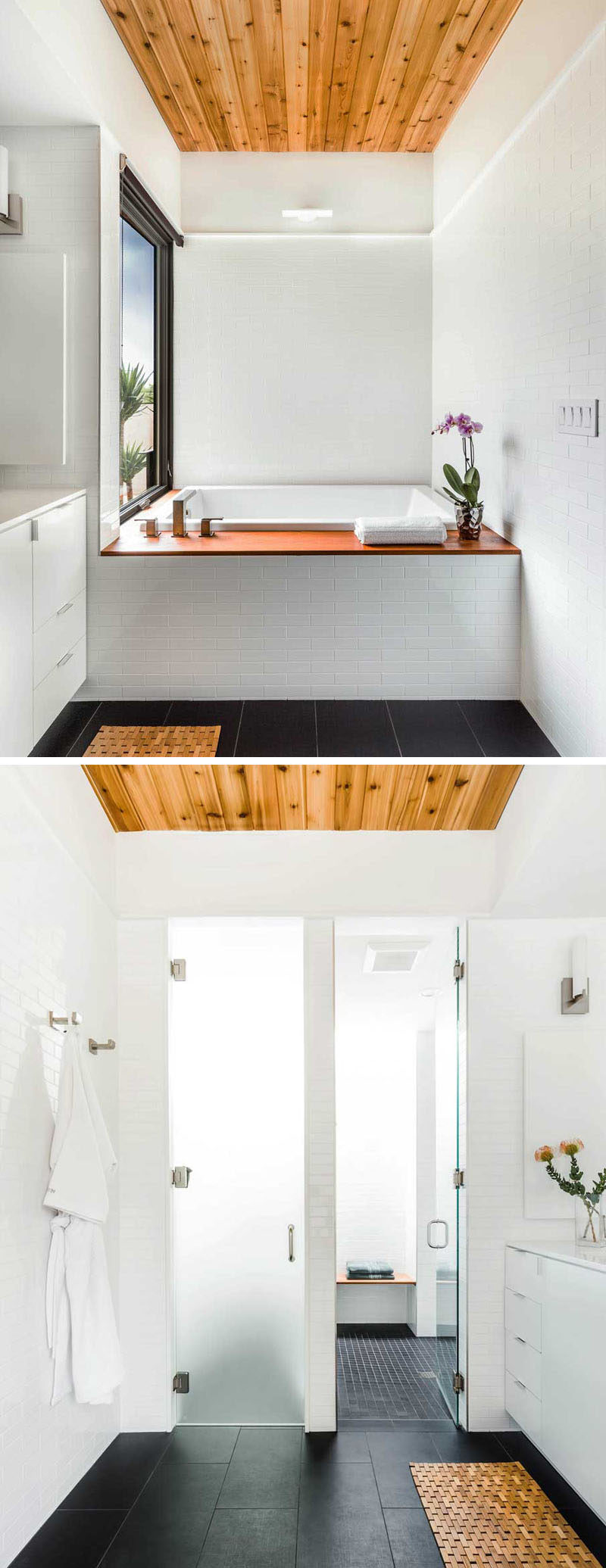 Bathroom Design Idea - Create a Spa-Like Bathroom At Home // Include crisp white walls and touches of wood.