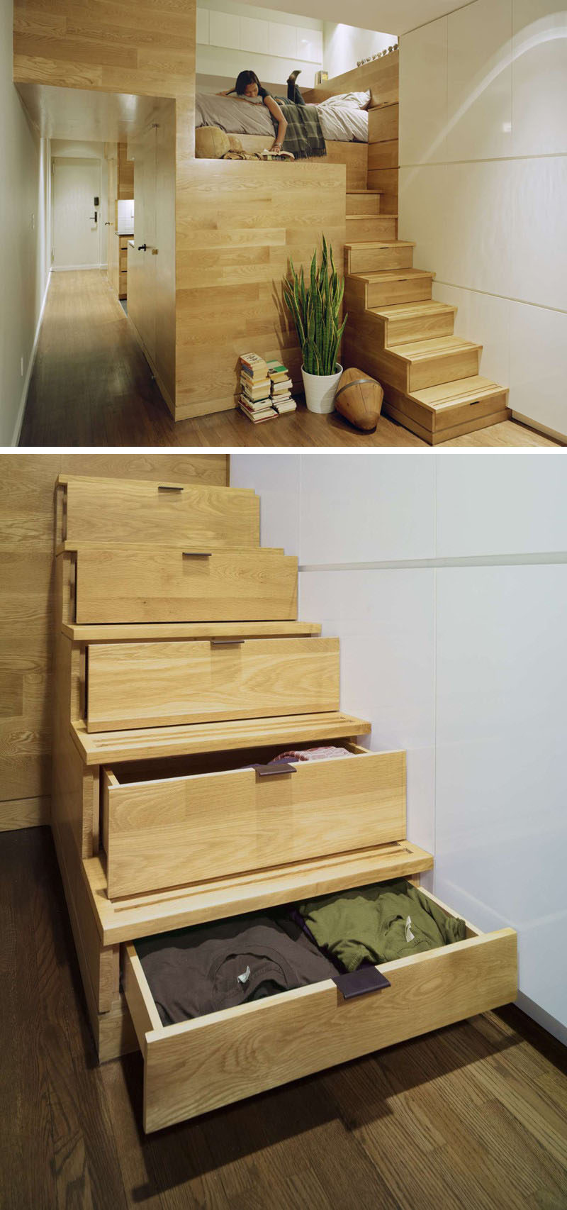 13 Stair Design Ideas For Small Spaces // The staircase leading to the loft bed in this apartment also doubles as clothing storage, taking care of two problems with one staircase.
