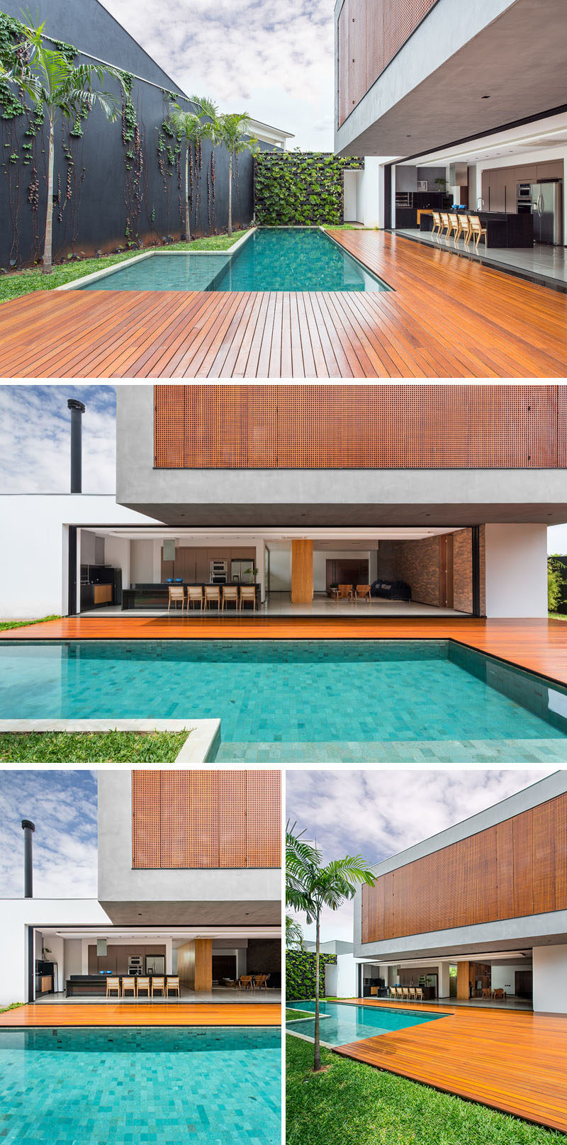 A large wooden deck wraps around this swimming pool that's located off the main living area of this Brazilian home.