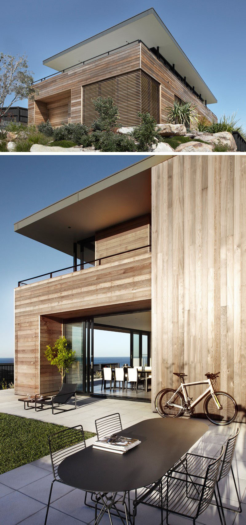 14 Examples Of Modern Beach Houses // Light wood paneling covers the exterior of the Australian beach house that opens up wide to show off the incredible views of the beach.
