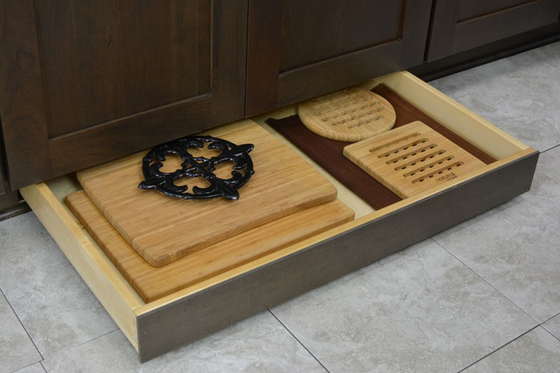Kitchen Design Idea - Toe Kick Drawers // Storage for all your cutting boards, baking trays, pans and cooking essentials.