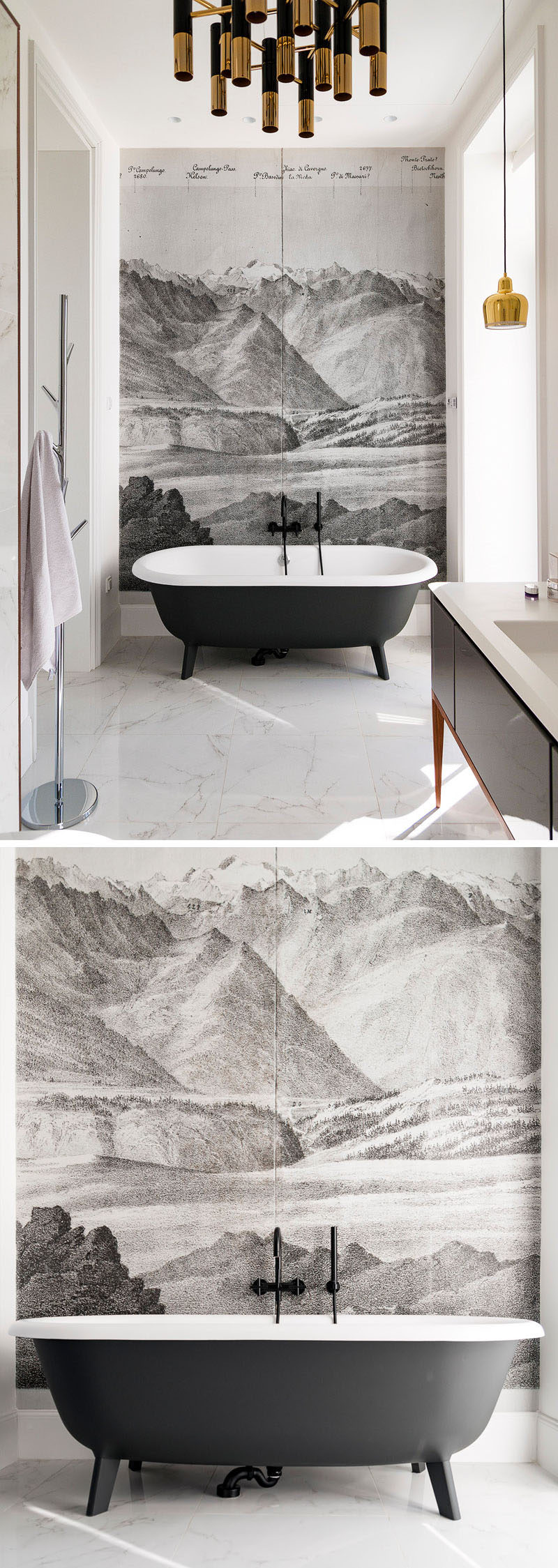 In this bathroom, a mural covers the wall behind the bath creating a focal point in the room. 
