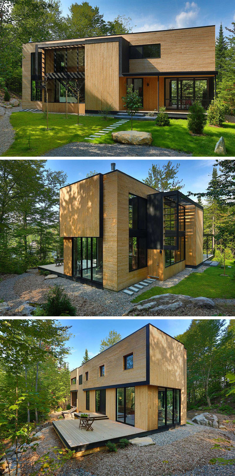 18 Modern House In The Forest // Light colored wood covers the exterior of this house surrounded by forest, helping it fit right in among the rest of the wood in the forest.