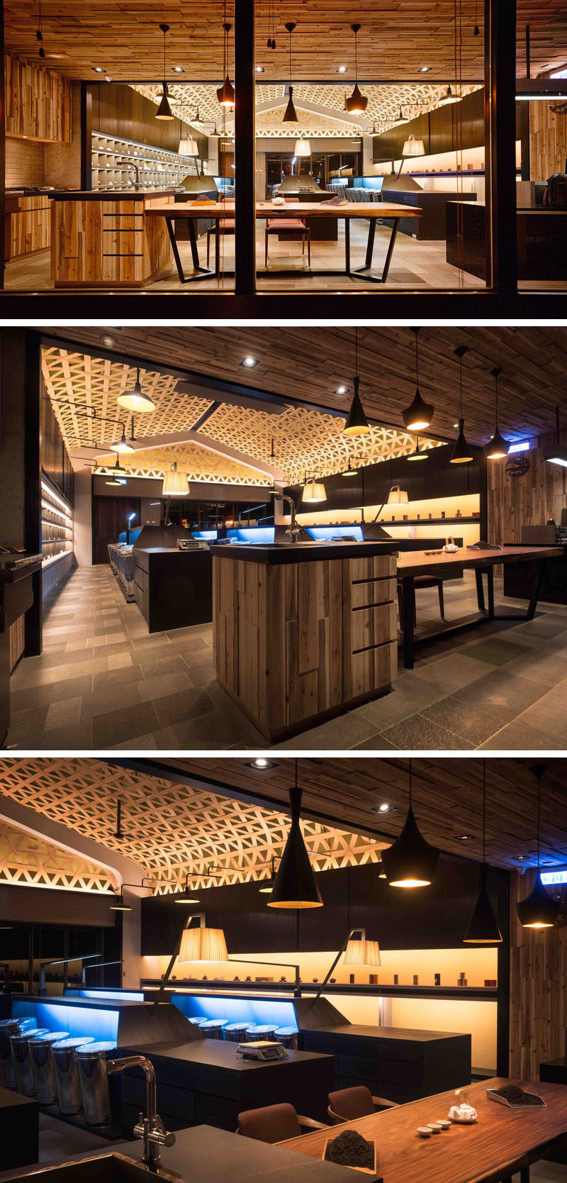 Ceiling Design Ideas - A Woven Wood Drop Ceiling Creates A Dramatic Cathedral Effect In This Tea Shop