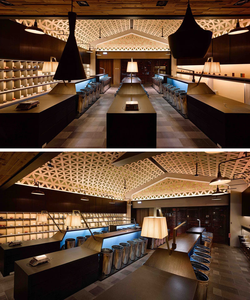 Ceiling Design Ideas - A Woven Wood Drop Ceiling Creates A Dramatic Cathedral Effect In This Tea Shop