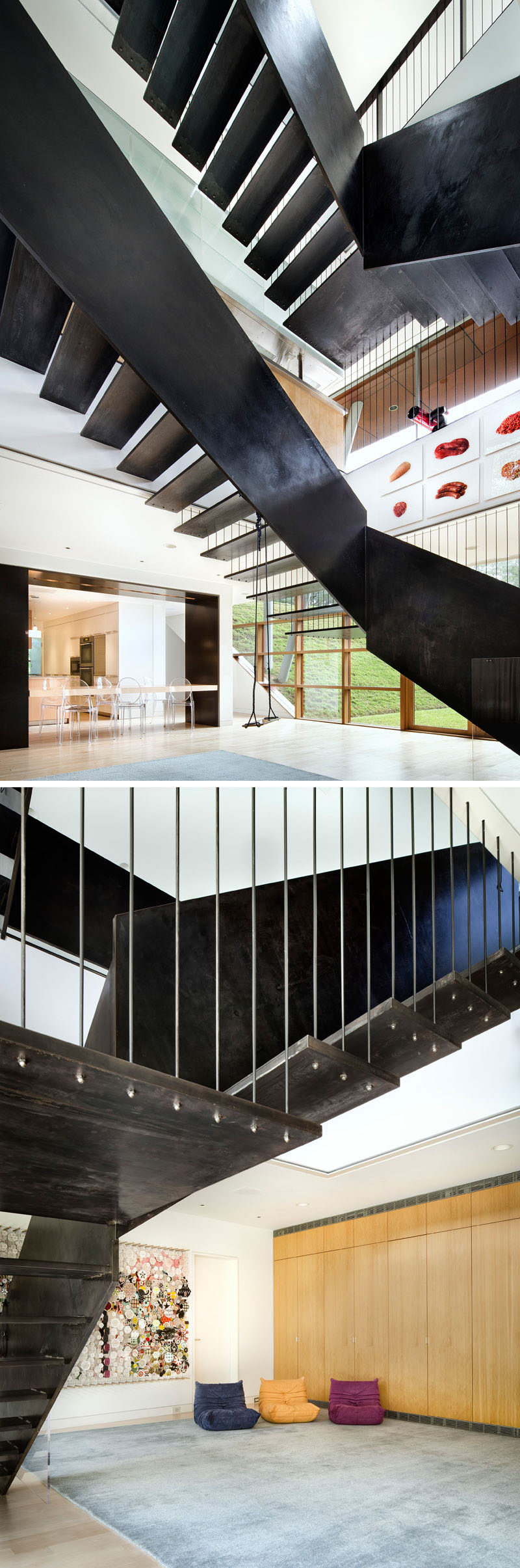 Industrial-looking stairs made from steel connect the various levels of this modern home.