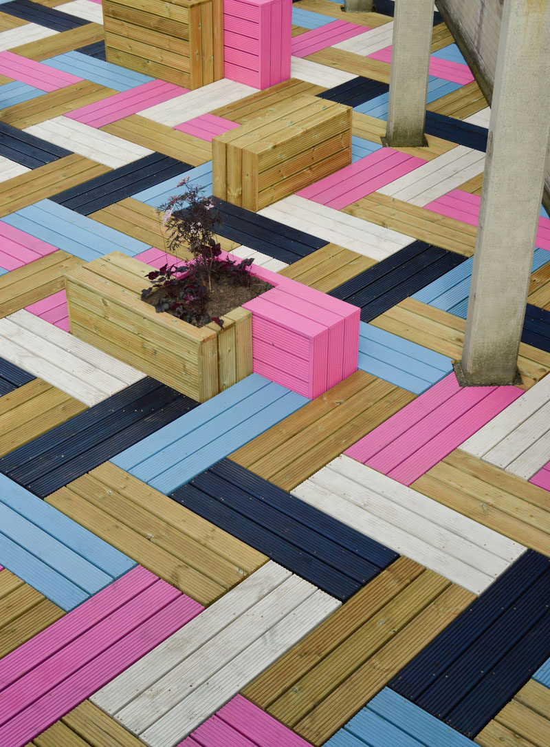 Deck Design Ideas - This Rooftop Deck Received A Colorful Modern Makeover For Its Wood Bench Seating And Planters