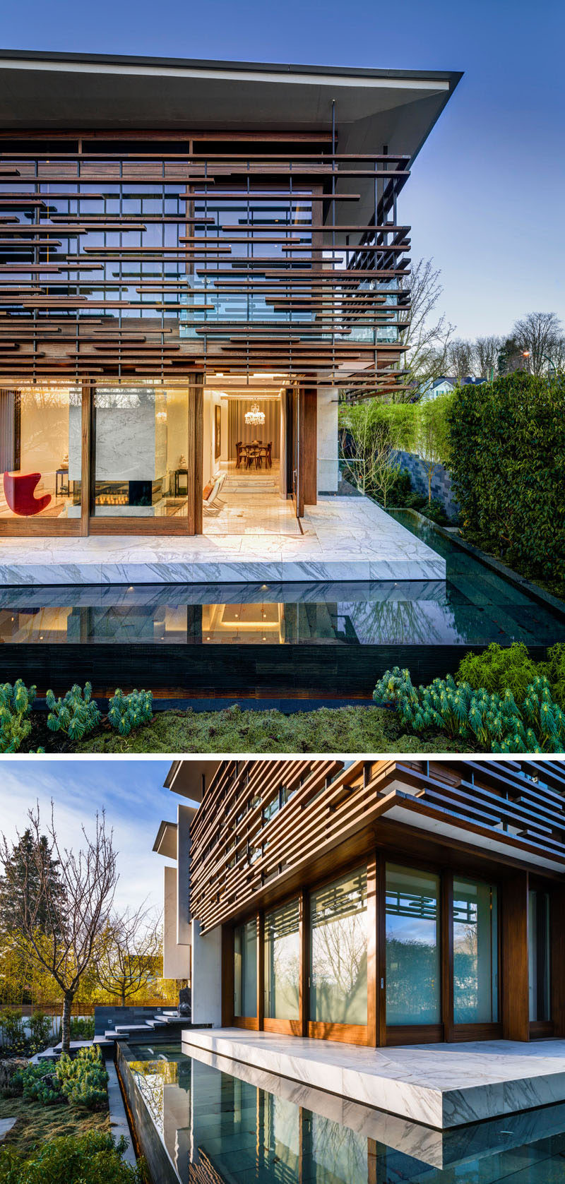 RUFproject have designed the renovation of the W38th Residence in Vancouver, Canada, that features exterior timber slats that wrap around the outside of the home. The timber slats provide shade and privacy to the large windows, and are mounted to a minimal steel frame that's suspended from the roof.