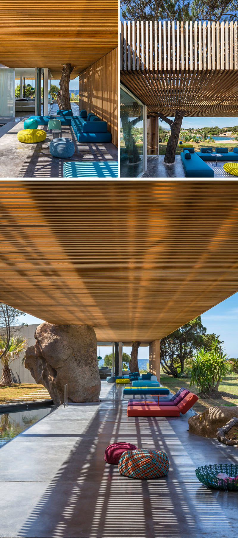 Joining the main living areas of this villa with the bedrooms is a long wood covered pergola. Sections of the pergola have cut-outs that surround trees and allow them to keep growing.