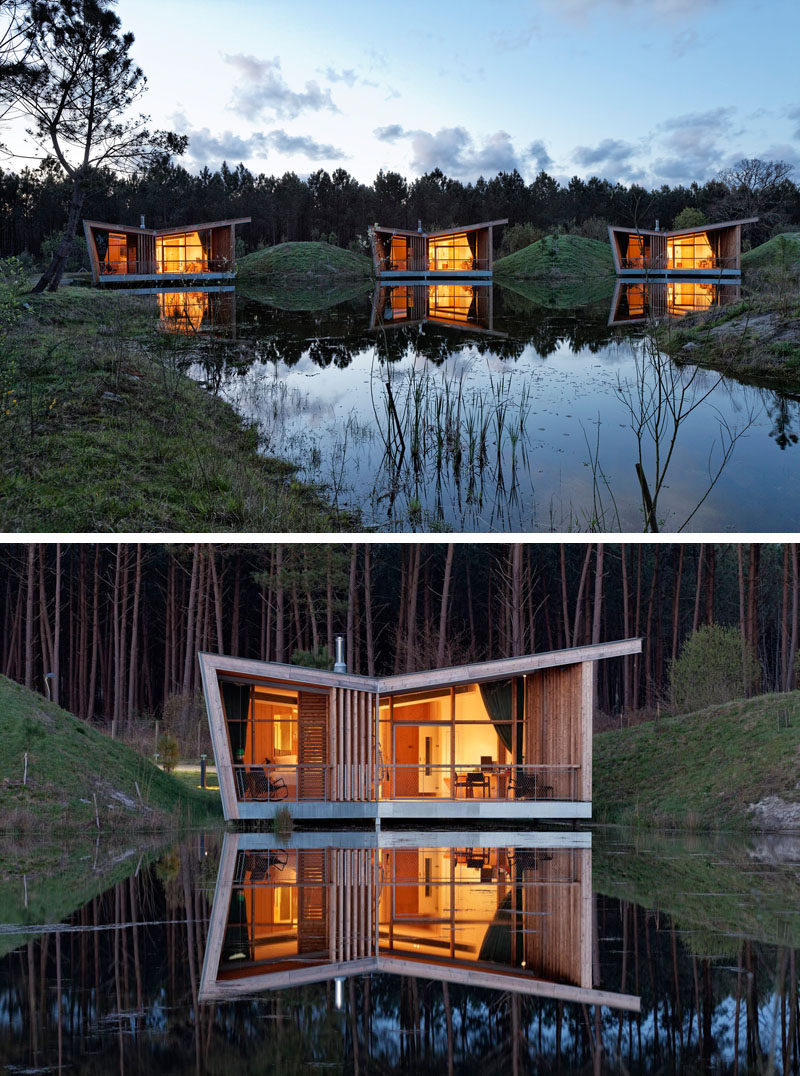 At night, each villa of this eco-resort in France, lights up like a lantern and the reflections are cast onto the still water.