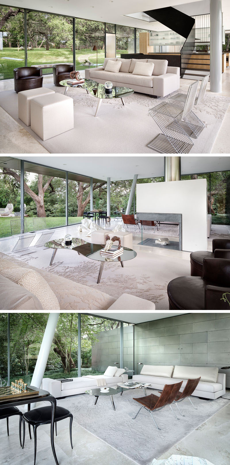 In this modern house there's a double-sided fireplace that can be enjoyed from two different sitting areas.