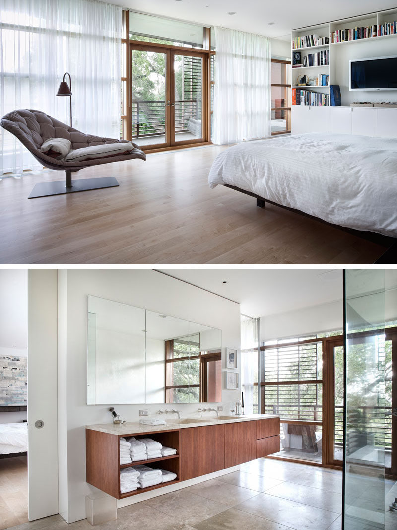The master bedroom and bathroom in this modern home are able to access a small private balcony.