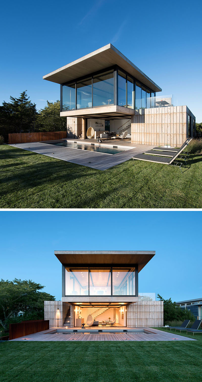 The steel structure of this home allows the upper living level to cantilever out and provides shade to the lower level.