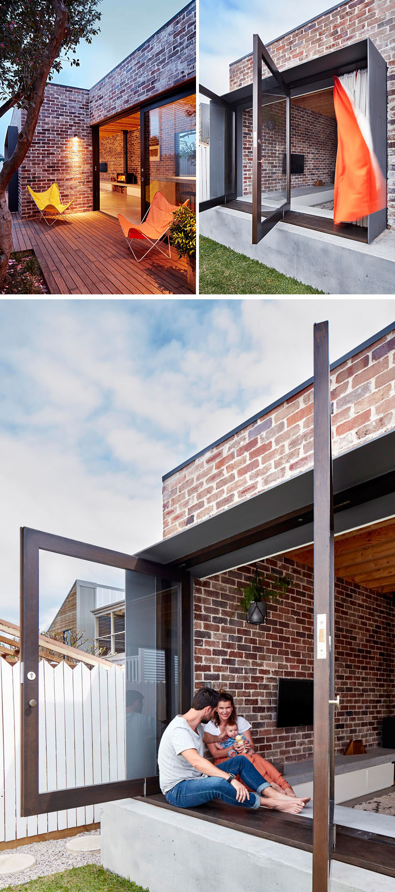 14 Modern Houses Made Of Brick // This small family home is covered with bricks that contrast the modern features of the house, like the large pivoting windows.