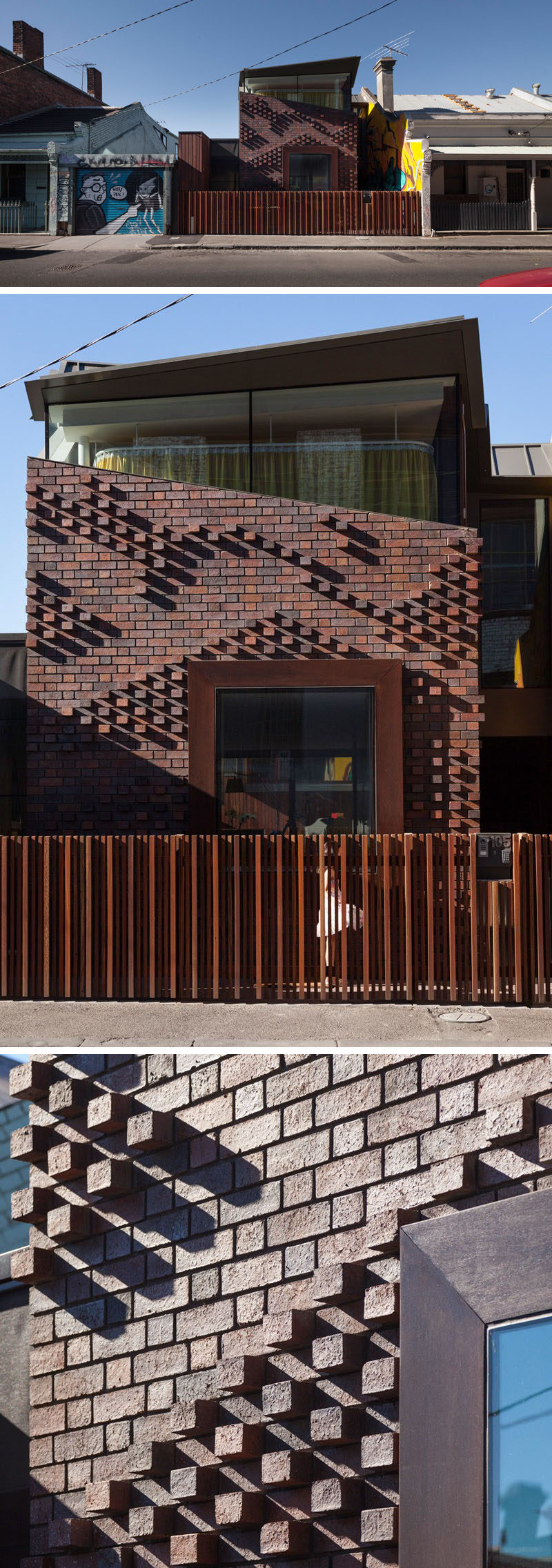 14 Modern Houses Made Of Brick // A unique arrangement of bricks on this house give it a unique texture and pattern that changes throughout the day depending on how the sun casts shadows on the protruding bricks.