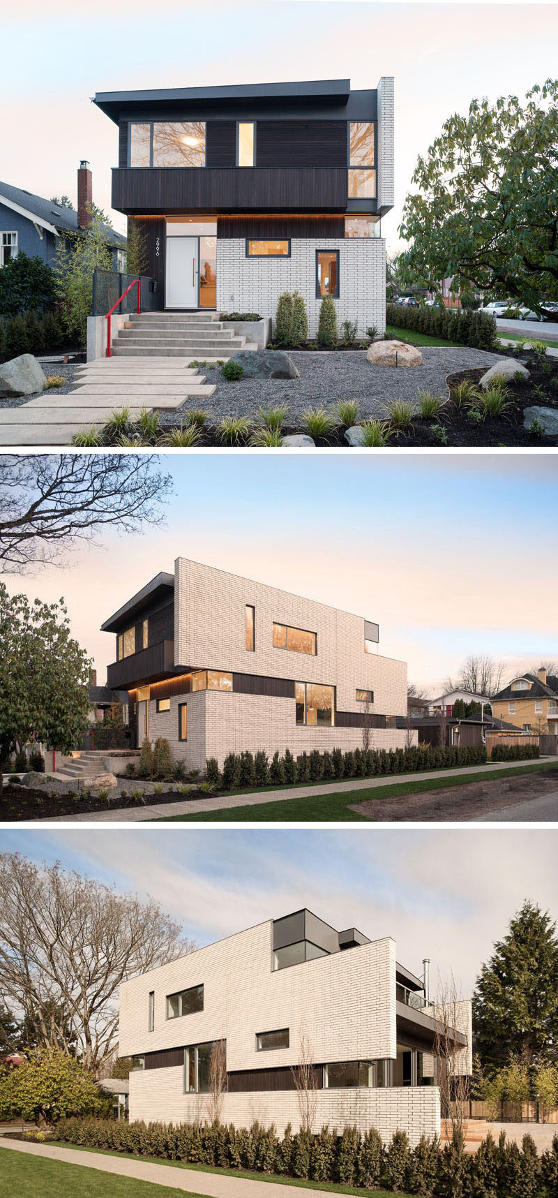 14 Modern Houses Made Of Brick // White bricks cover much of the exterior of this home and contrast the dark cedar siding and metal trim also included in the exterior design.