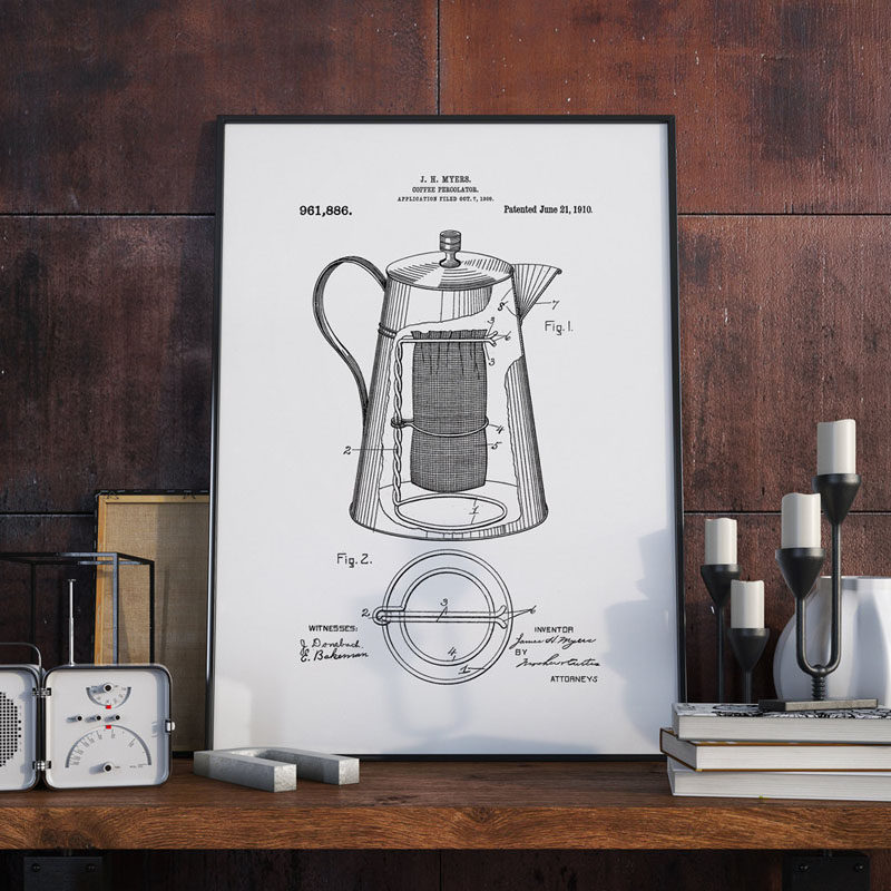15 Coffee Posters To Hang Above Your Coffee Station // An art print of the coffee percolator patent will show everyone just how much coffee means to you.