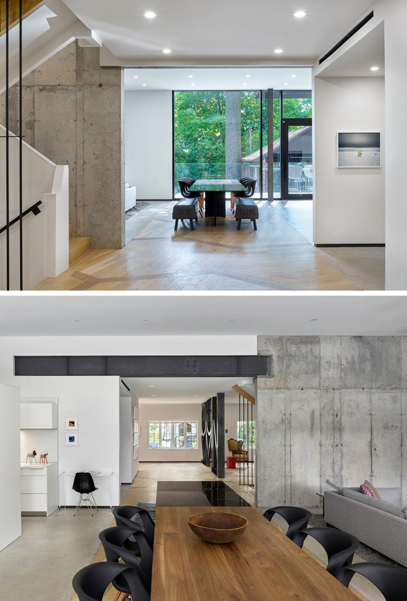 In this home, traditional wood flooring flows from the heritage part of the house through to the dining room and the new contemporary extension. Either side of the wood flooring is flanked by polished concrete flooring.