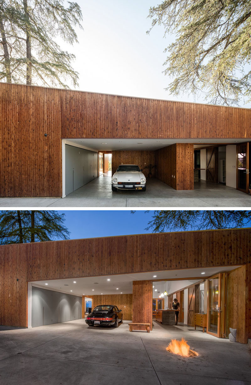 Upon arriving at this contemporary Los Angeles house, there a garage that opens directly into the home. Just beside the garage is a firepit and the kitchen, that has folding doors allowing it to be open to the fire.