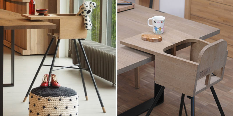 14 Modern High Chairs For Children // This minimal high chair, made from wood and steel, has an extra long tray to help keep a little less food off the floor.